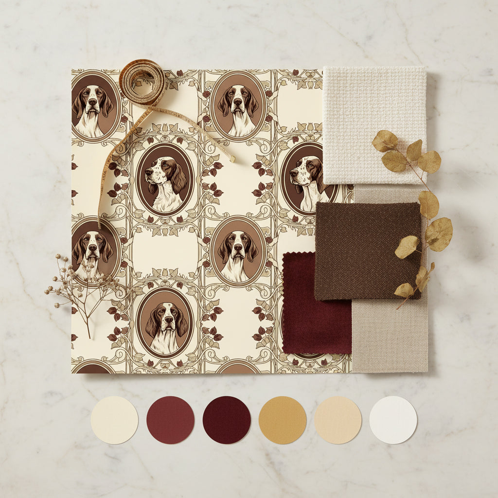 Vintage Dog Portrait Wallpaper, Sepia Brown Hunting Dogs, Classic English Setter Pattern, Luxury Peel Stick Wall Decor