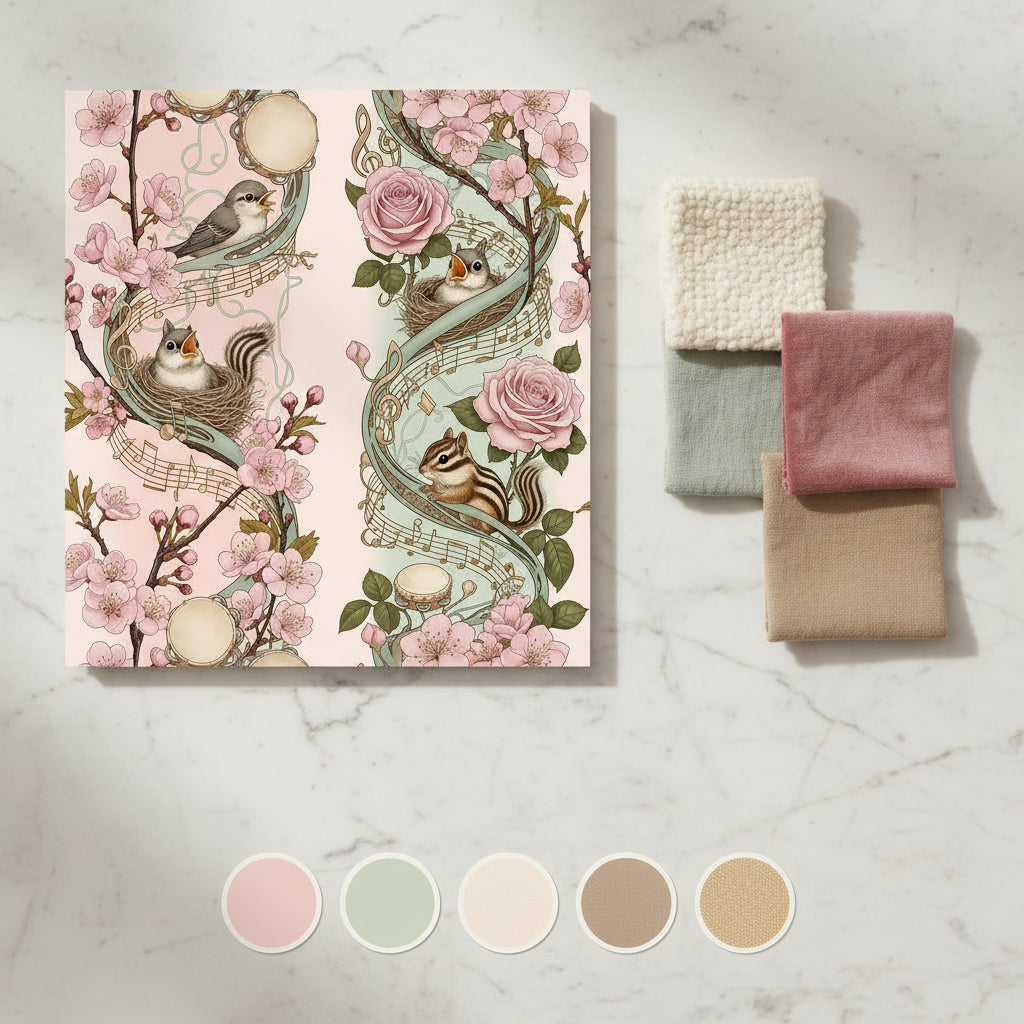 Songbird Music Wallpaper, Baby Animals Cherry Blossom Pattern, Pink Green Nursery Decor, Kids Room Art Nouveau Wall Art