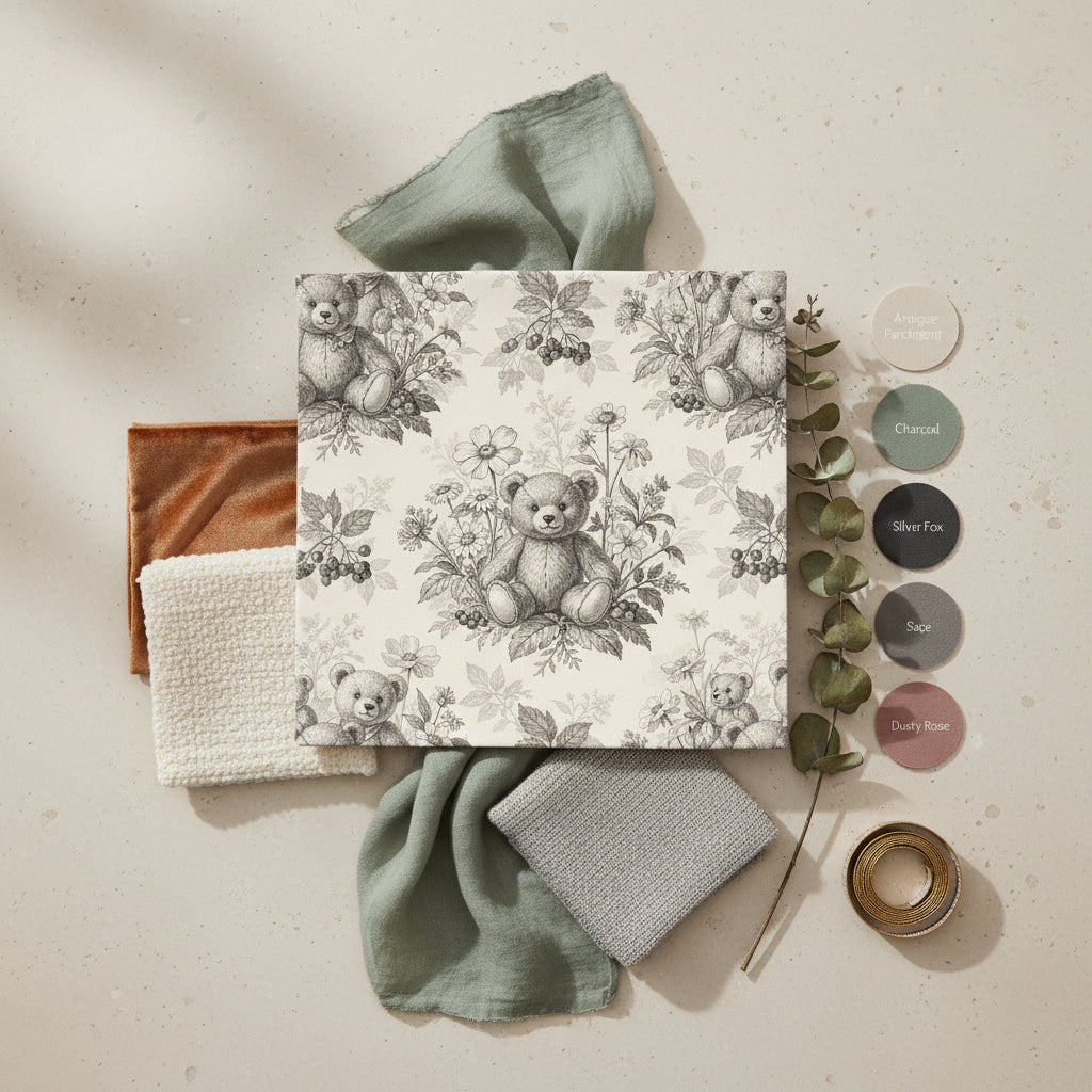Serene Sepia Forest Bear Wallpaper, Vintage Toile de Jouy Nursery, Honey Jar and Berry Pattern, Luxury Cream Wallpaper, Classic Baby Room